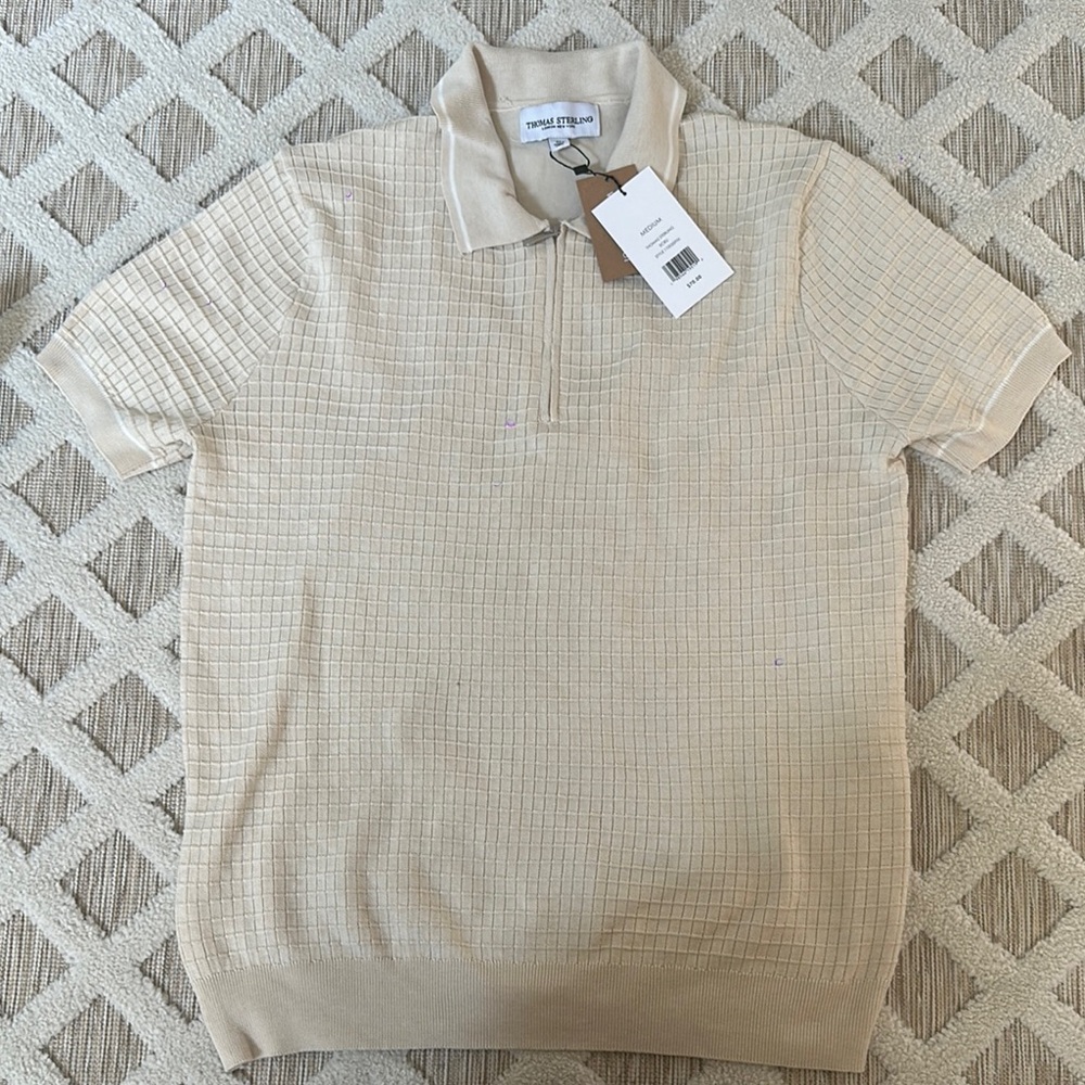 Cream Textured Knit Polo Shirt Classic Style